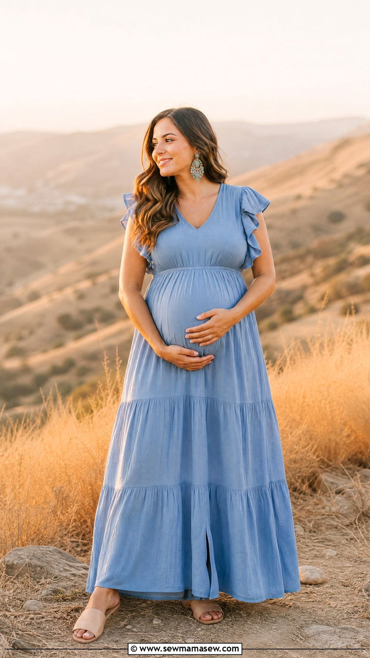 Ruffle sleeve tiered maxi dress with neutral sandals summer pregnancy photo - 25 Maternity photo outfit ideas summer