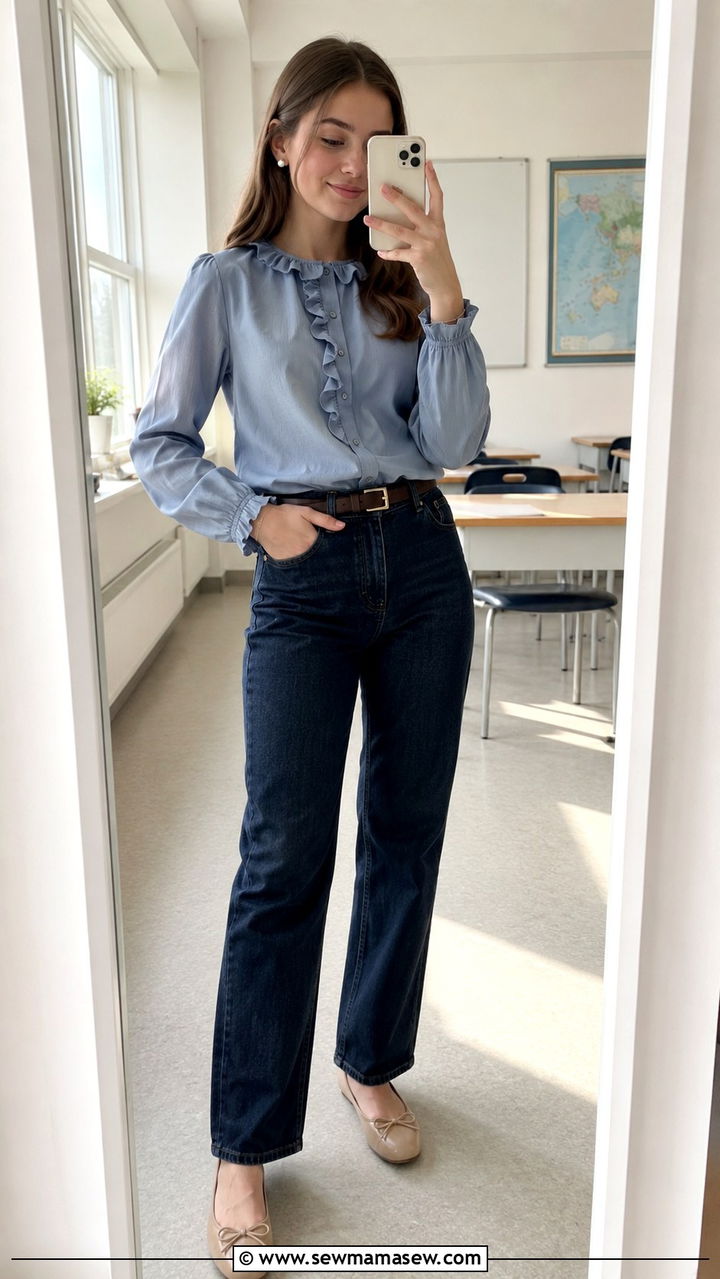 Ruffled Blouse And Dark Wash Jeans School Outfit - 30 classy school outfits