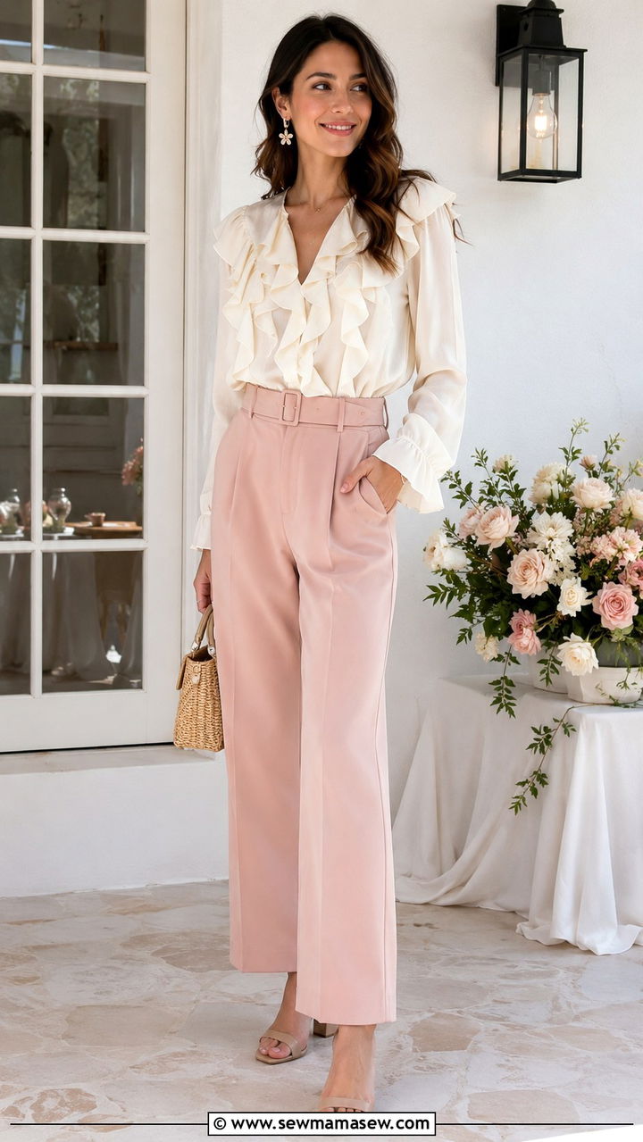 Ruffled Blouse And High Waisted Trousers - 25 seasonal bridal shower outfit ideas