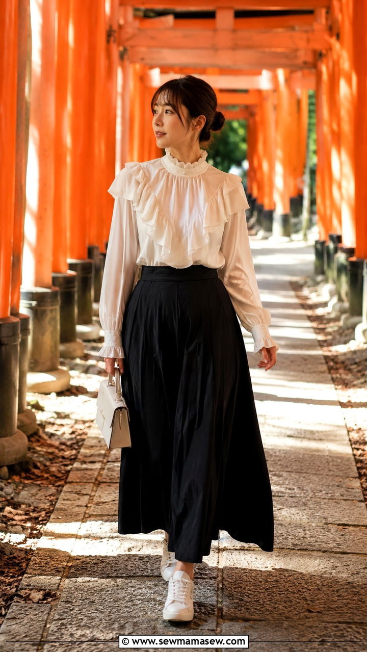 Ruffled Blouse And Maxi Skirt For Japan Shrine - 25 Asian vacation outfit ideas