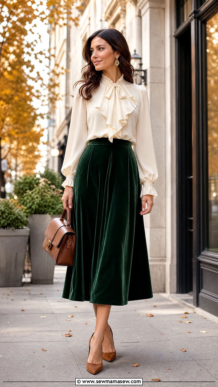 Ruffled Blouse And Velvet Midi Skirt Outfit - 25 classy fairycore outfit ideas
