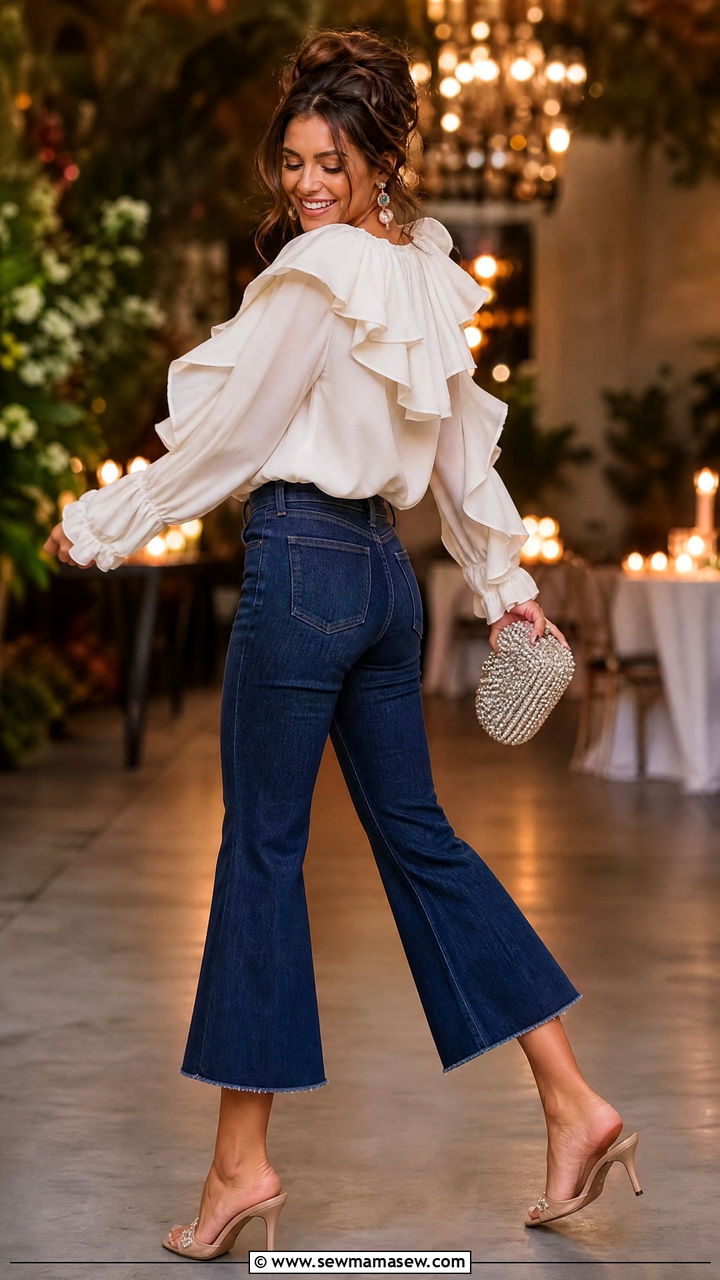 Ruffled Blouse With Cropped Flared Jeans - 25 chic jeans outfit ideas