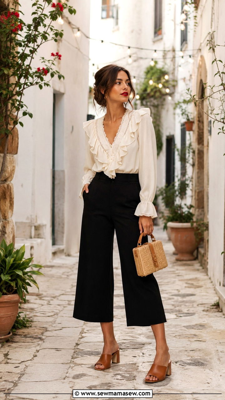 Ruffled Blouse With Cropped Wide Leg Pants and Block Heel Mules - 25 10 day travel capsule outfits