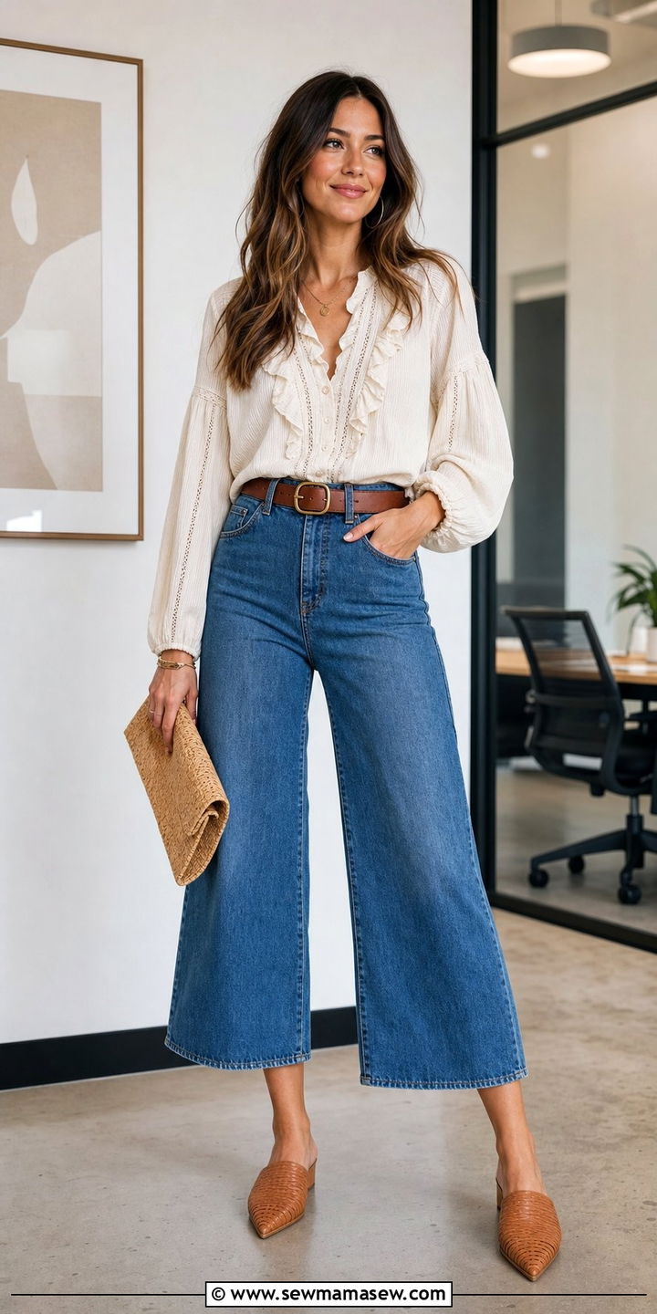 Ruffled Blouse With Denim Culottes - 35 casual boho chic outfits