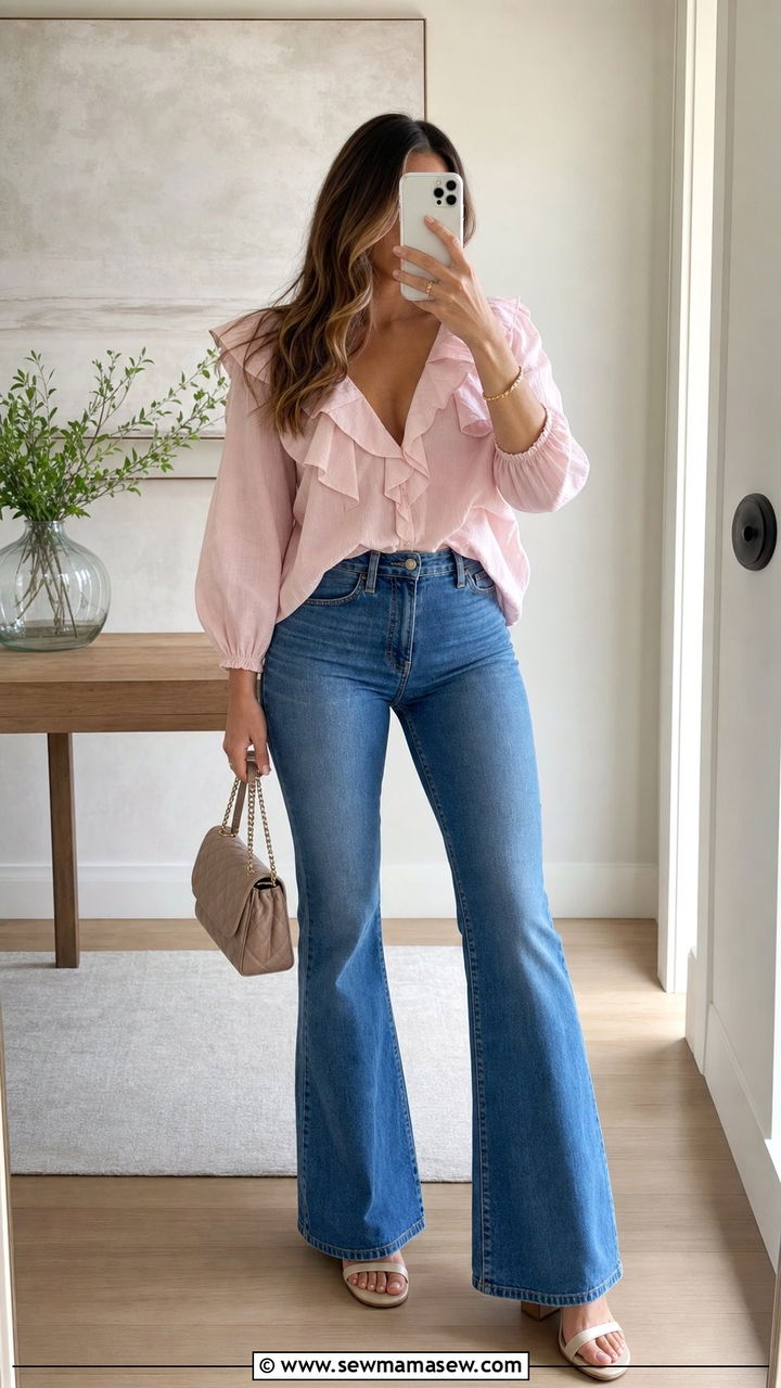 Ruffled Blouse With Flared Jeans And Block Heels - 25 Spring outfits for women in their 30s