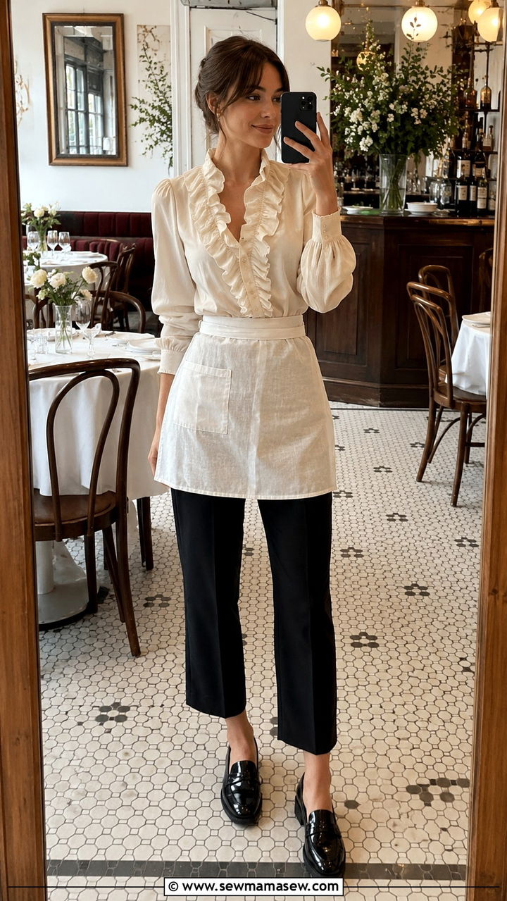 Ruffled Blouse With High Waist Cropped Trousers And Loafers - 25 Restaurant server outfit ideas