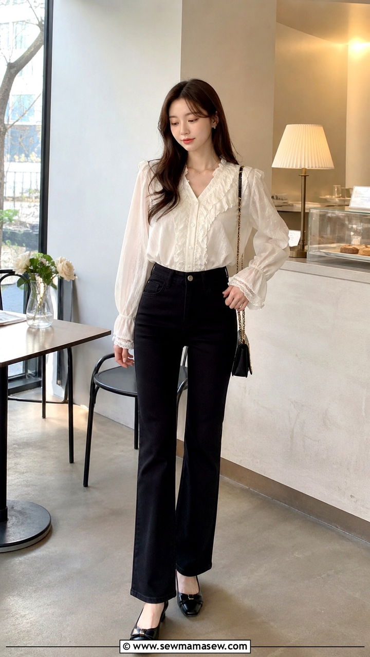 Ruffled Blouse With High Waist Jeans and Flats - 40 Korean outfit ideas