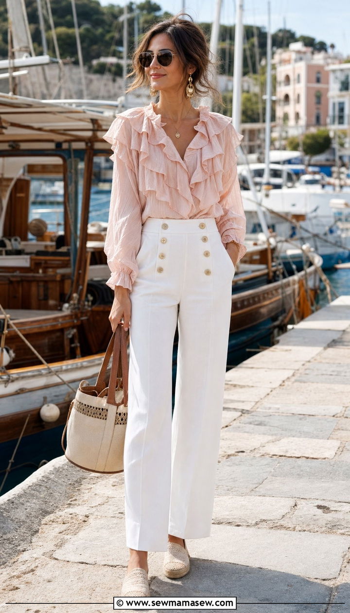 Ruffled Blouse With High Waist Sailor Trousers - 25 spring jazz age outfit ideas