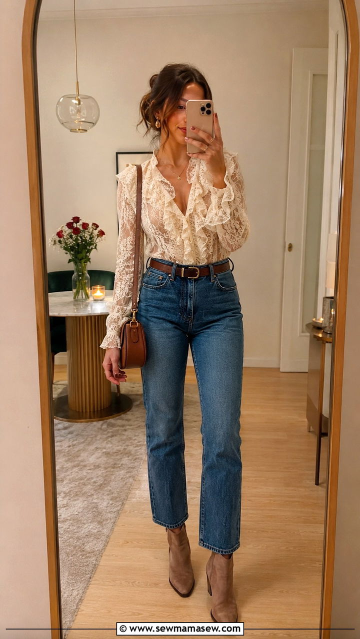 Ruffled Blouse With High Waisted Jeans And Ankle Boots - 30 romantic outfit ideas for women