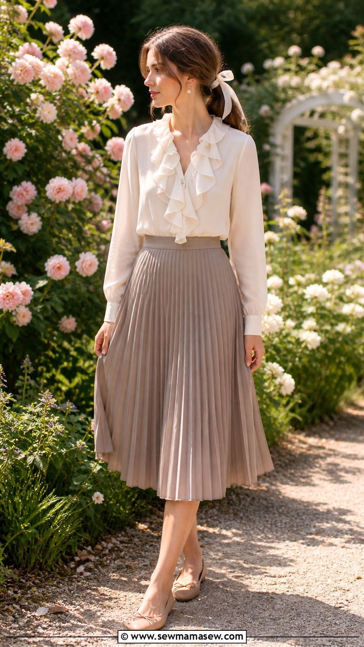 Ruffled Blouse With Pleated Midi Skirt And Hair Ribbon - 40 light academia outfits for women