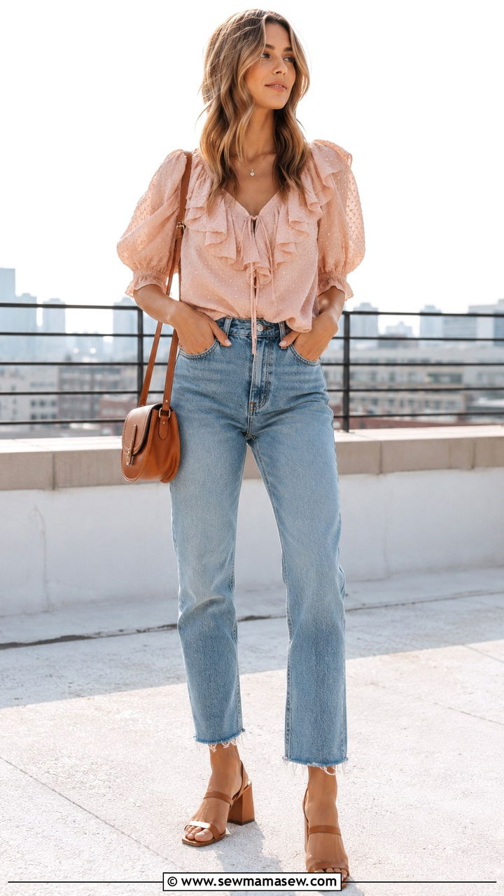 Ruffled Blouse With Raw Hem Jeans And Heels - 30 spring western outfits