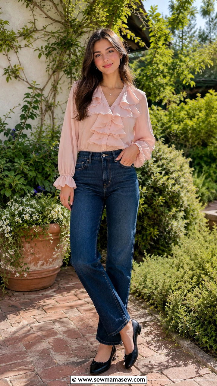 Ruffled Blouse With Straight Leg Jeans and Ballet Flats - 30 Trendy outfits for 15 year olds