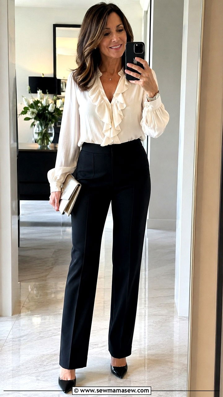Ruffled Blouse With Tailored Black Trousers - 30 Party outfits for women over 40