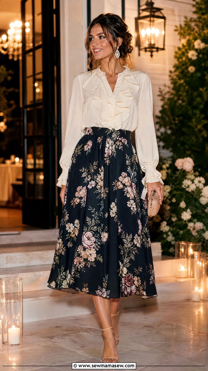 Ruffled Blouse and Floral Midi Skirt Outfit - 30 Summer outfits with midi skirts