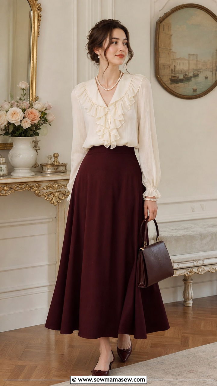 Ruffled Blouse and Solid Maxi Skirt - 40 cute maxi skirt outfits