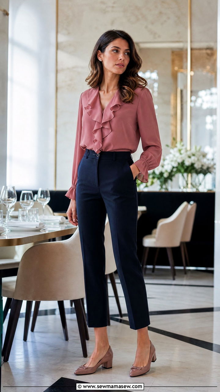 Ruffled Blouse and Tailored Cropped Trousers - 25 bridal shower outfits for women over 40
