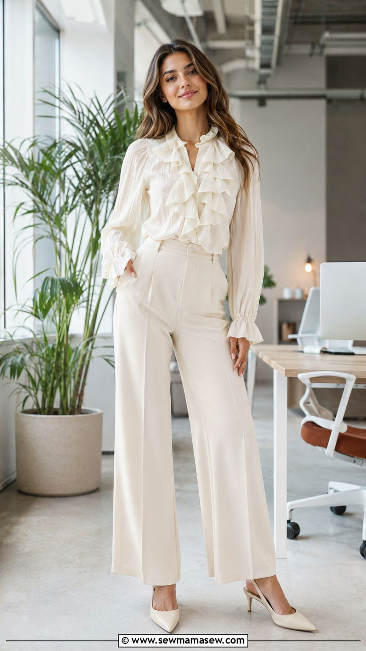 Ruffled Blouse and Tailored Trousers - 30 Romantic spring outfit ideas