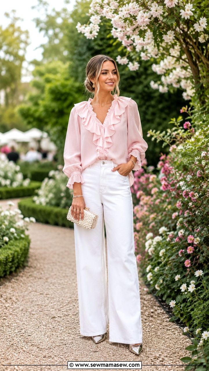 Ruffled Blouse and Wide Leg Jeans - 30 Spring outfits with wide leg jeans