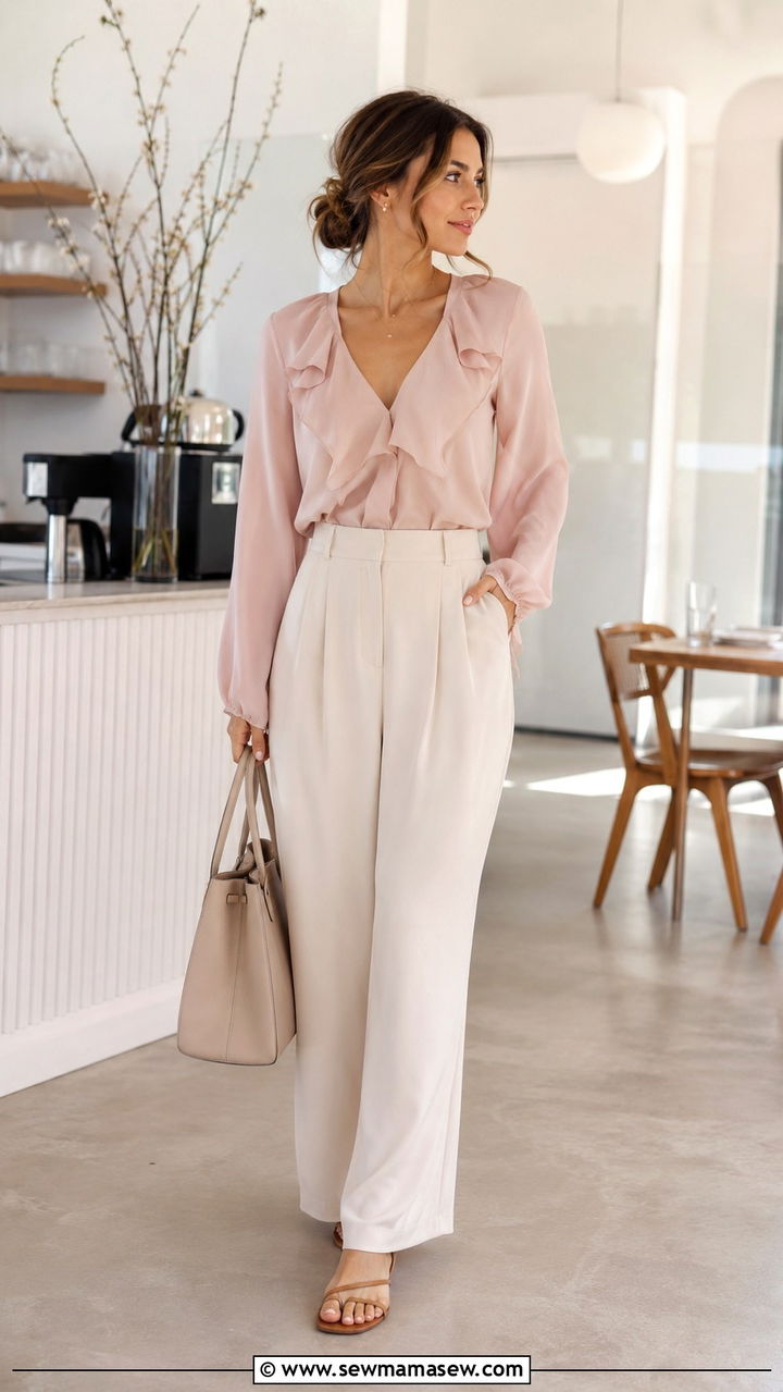 Ruffled Blouse and Wide Leg Trousers - 30 casual romantic outfits