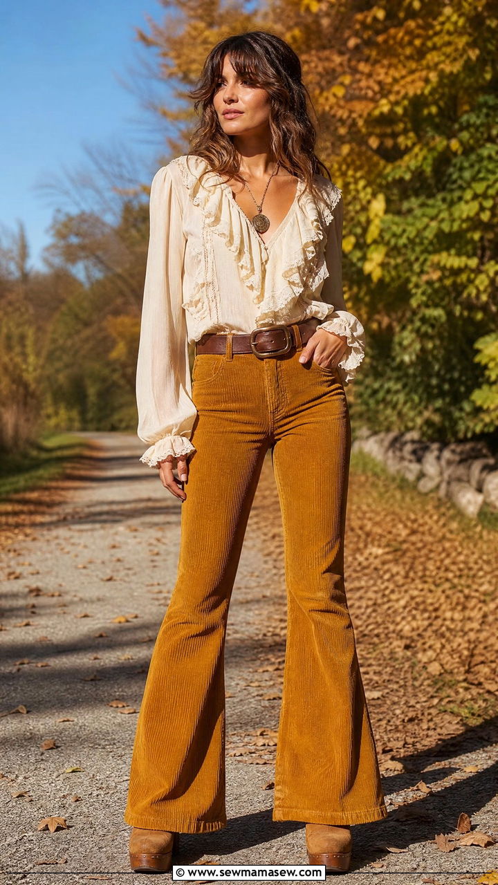Ruffled Blouse with Corduroy Flared Pants - 35 Hippie outfit ideas