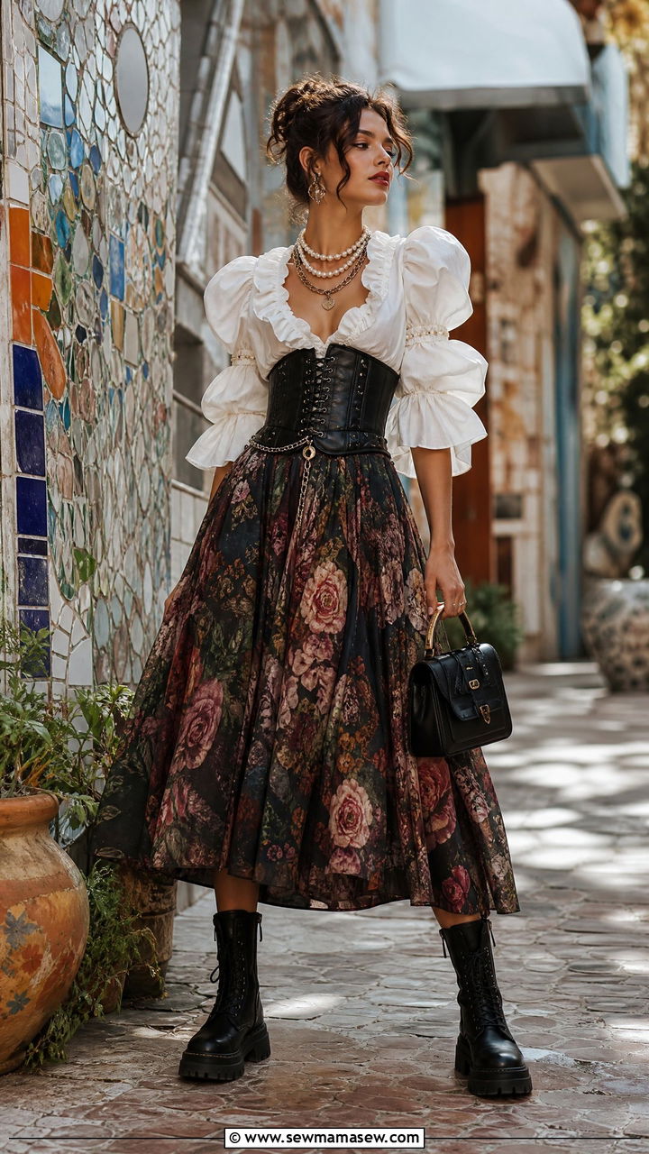 Ruffled Blouse with Corset and Combat Boots Outfit - 35 maximalist outfits aesthetic