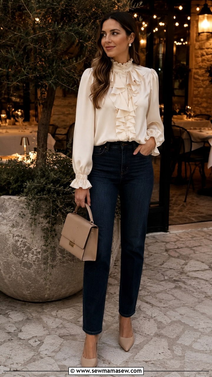 Ruffled Blouse with Dark Denim and Kitten Heels - 30 Late March outfit ideas