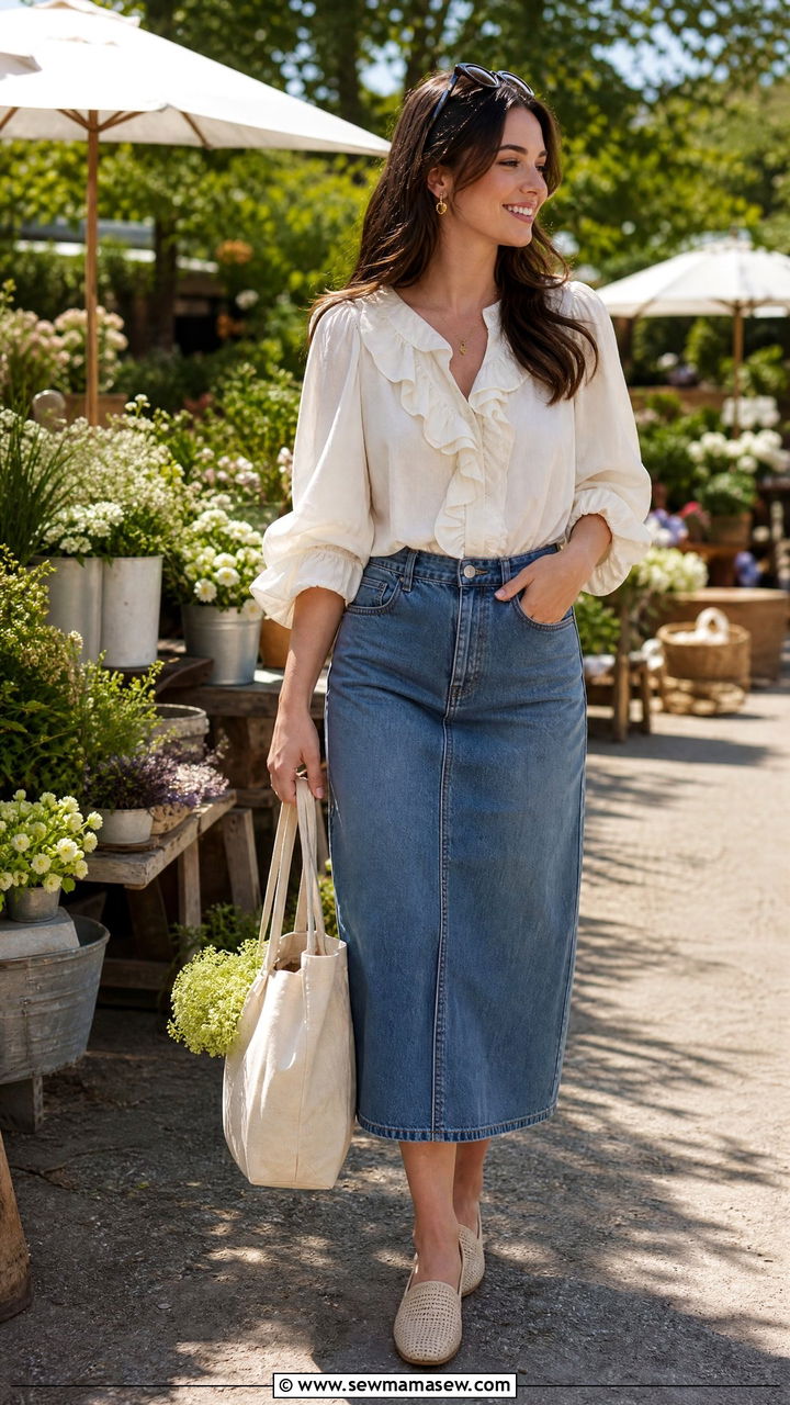 Ruffled Blouse with Denim Midi Skirt - 35 Garden party outfit ideas