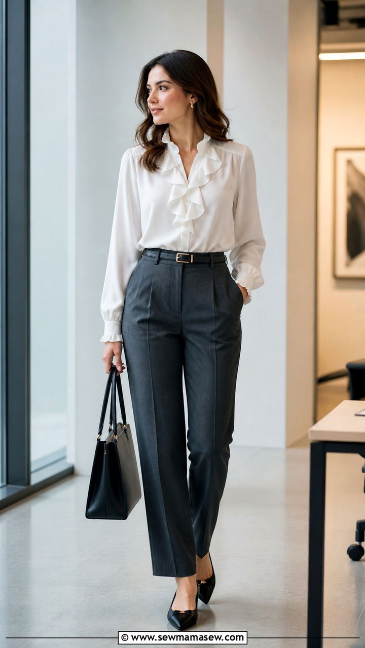 Ruffled Blouse with High Waist Trousers Outfit - 40 spring work outfit ideas