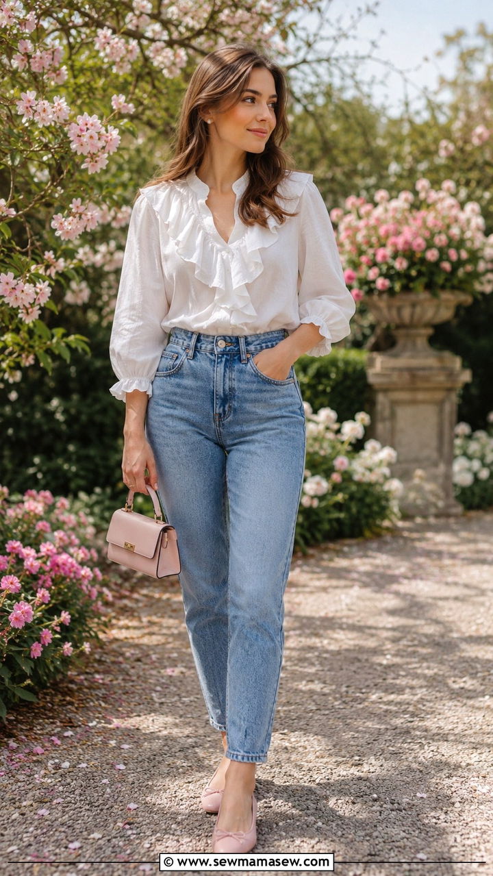 Ruffled Blouse with High Waisted Mom Jeans - 30 Spring outfits with jeans