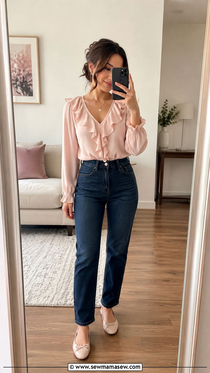 Ruffled Blouse with High Waisted Straight Leg Jeans - 25 Petite outfit ideas with pear shape