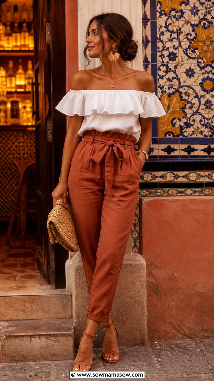 Ruffled Blouse with Paperbag Trousers and Ankle Strap Sandals - 40 Europe travel outfits