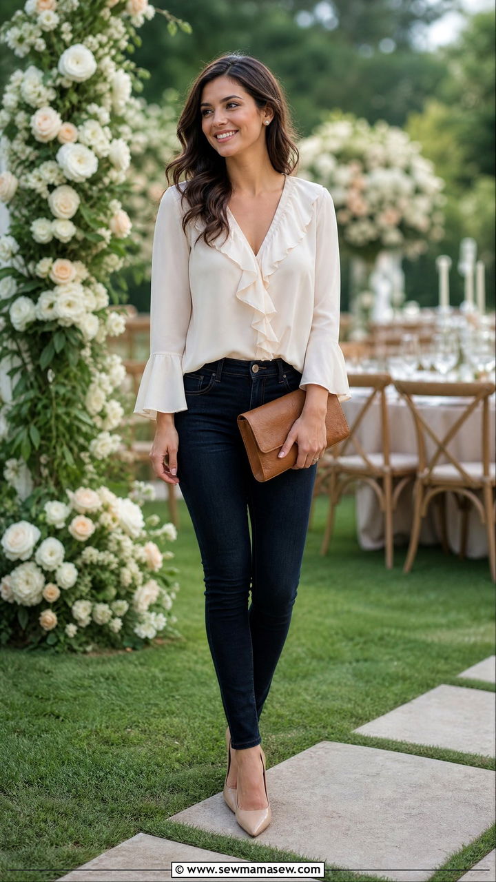 Ruffled Blouse with Skinny Jeans Wedding Look - 25 How to style skinny jeans for a wedding