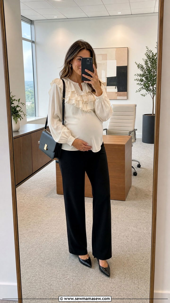 Ruffled Blouse with Straight Leg Maternity Trousers - 30 Maternity outfit ideas corporate