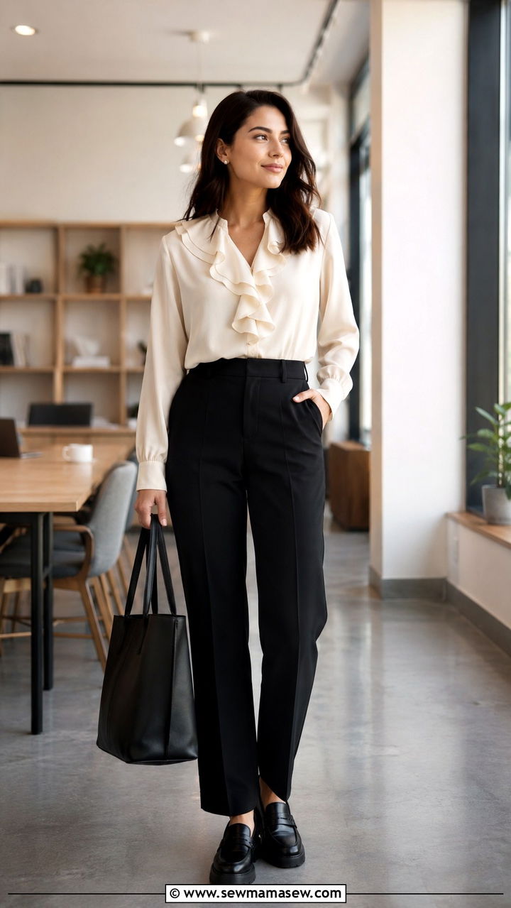 Ruffled Blouse with Straight Leg Trousers and Loafers - 25 Outfit ideas for rectangle body 2026