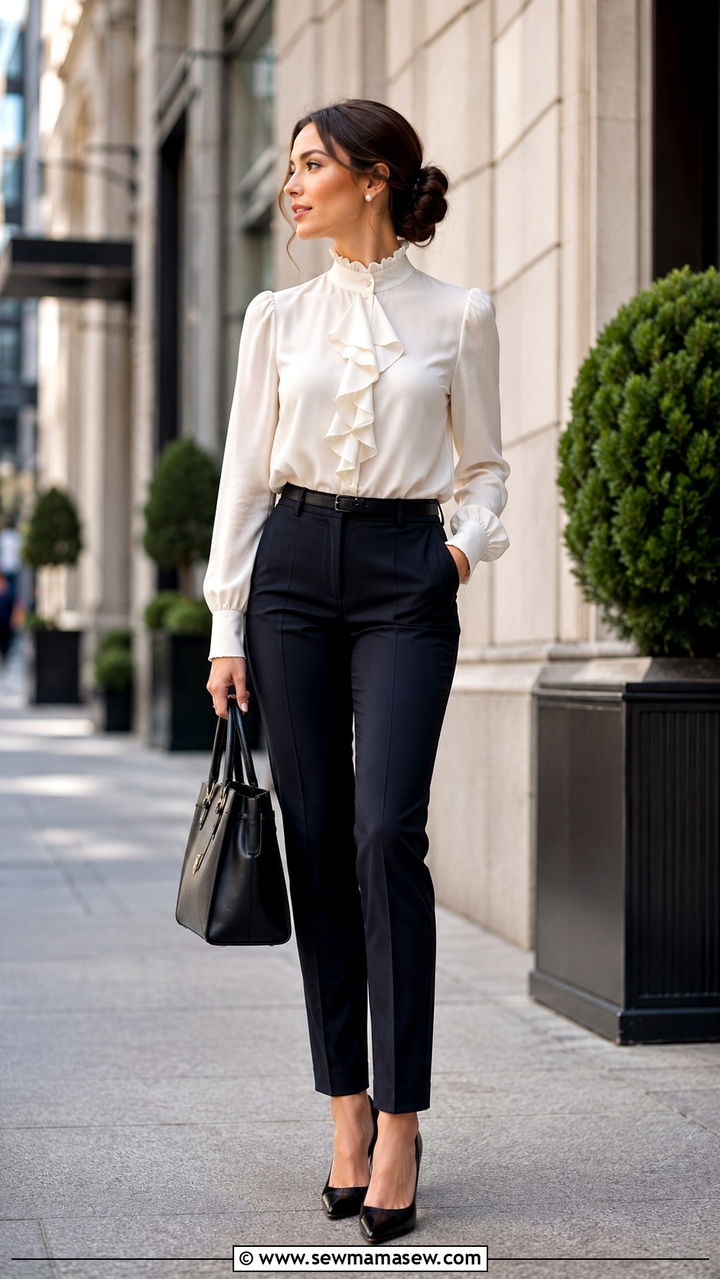 Ruffled Blouse with Tailored Trousers - 25 Outfit ideas for small bust and wide hips