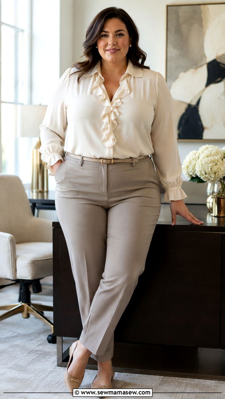 Ruffled Blouse with Tailored Trousers - 30 Plus size business casual outfit ideas