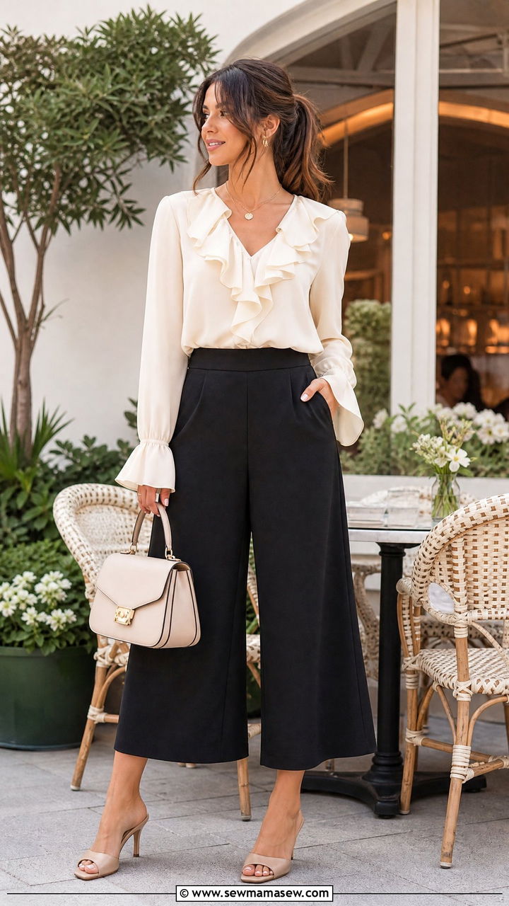 Ruffled Blouse with Wide Leg Culottes - 30 outfit ideas for pear shaped body