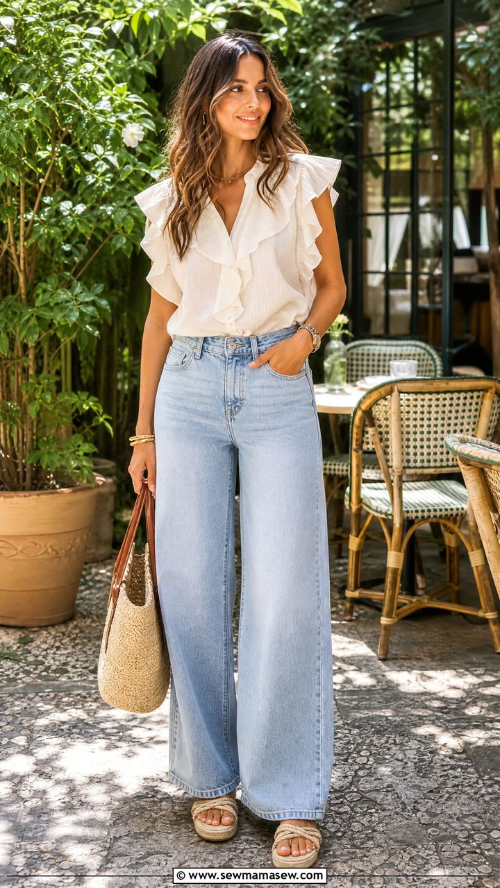 Ruffled Blouse with Wide Leg Jeans Summer Outfit - 30 summer wide leg jeans outfit ideas