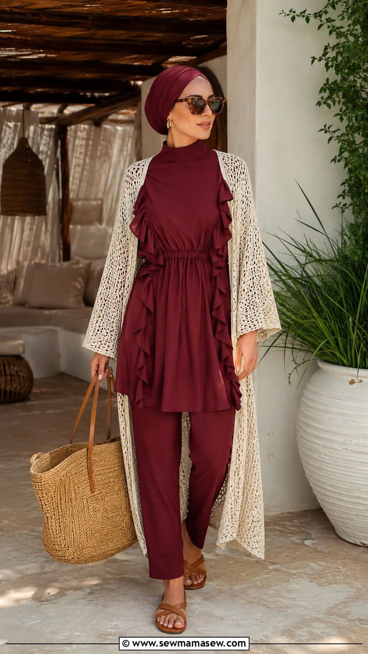 Ruffled BurkinWith Straw Tote Bag - 20 Burkini outfit ideas