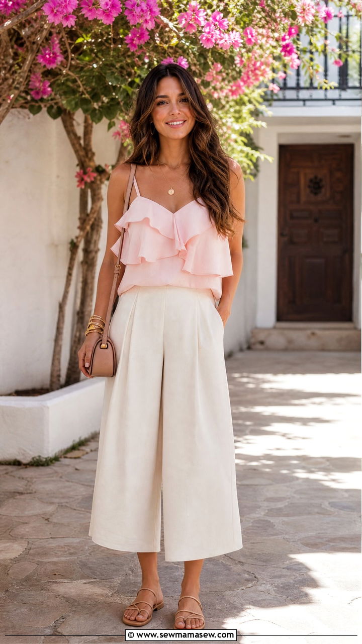 Ruffled Cami And Wide Leg Culottes Outfit - 40 Sharm El Sheikh outfit ideas