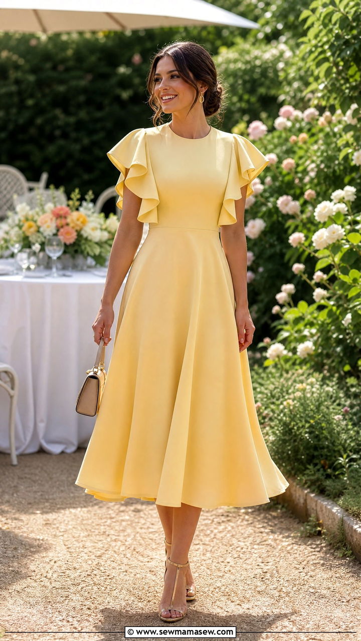 Ruffled Cape Sleeve Tea Length Dress - 20 Wedding guest outfit ideas with cape sleeves