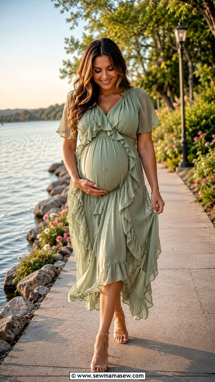Ruffled Chiffon Maternity Dress Outfit - 20 Pregnancy announcement photo outfit ideas