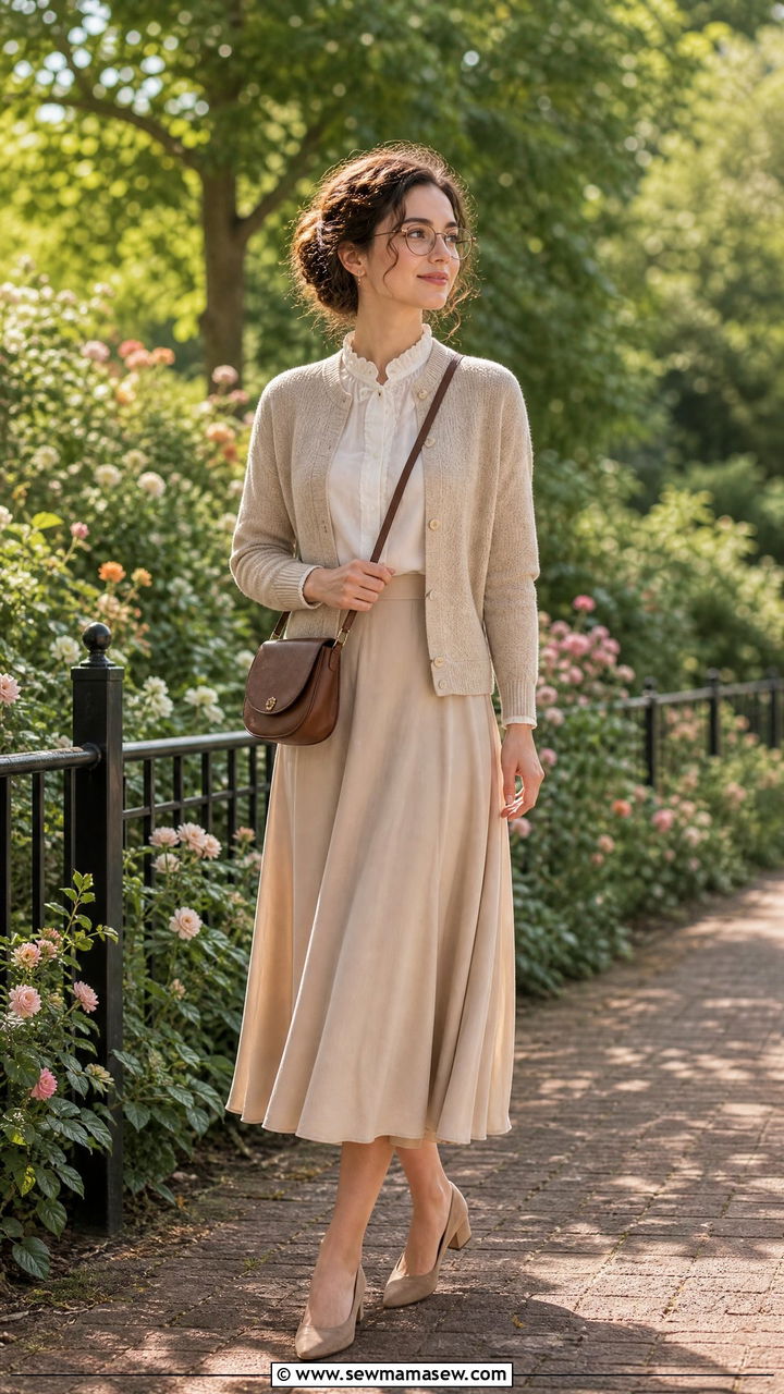 Ruffled Collar Blouse With Knit Cardigan And Midi Skirt - 25 classy librarian core outfits