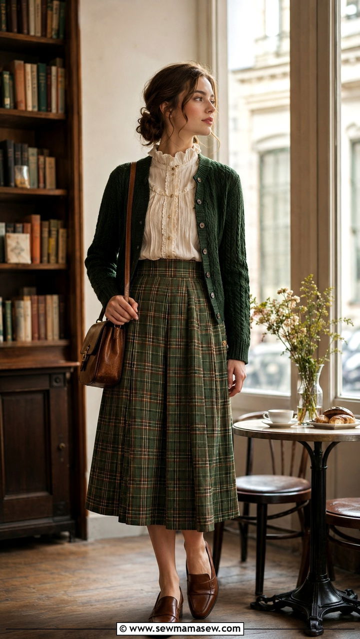 Ruffled Collar Blouse and Plaid Skirt - 30 Romantic academia outfit ideas