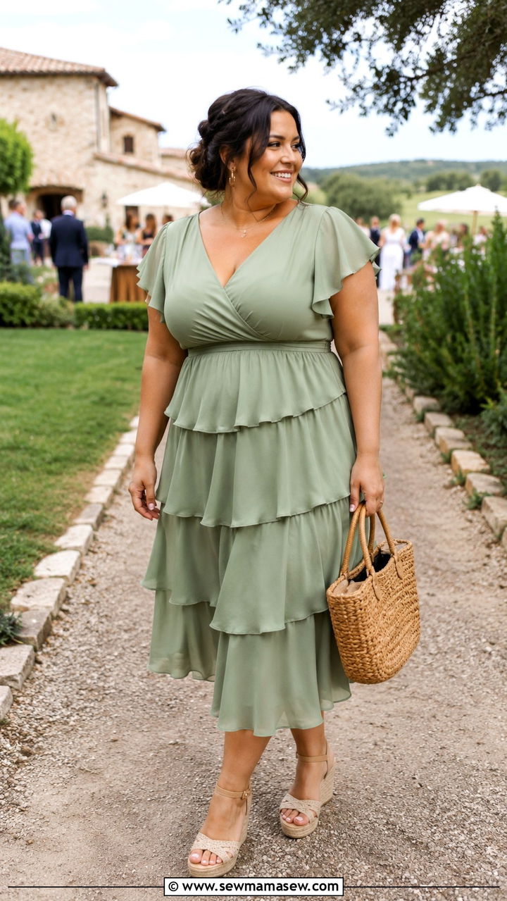 Ruffled Dress With Wedge Espadrilles - 30 Plus size outfit ideas for wedding guest