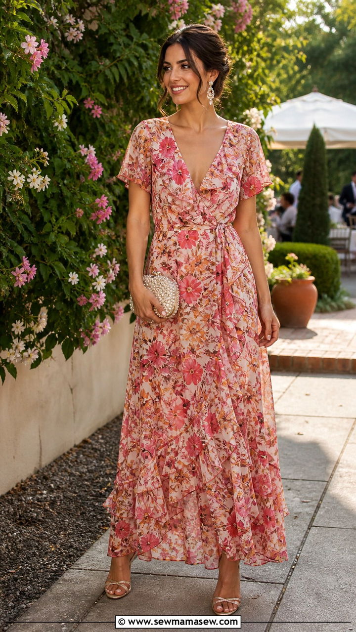 Ruffled Floral Maxi Dress With Strappy Heeled Sandals - 40 Spring outfit ideas