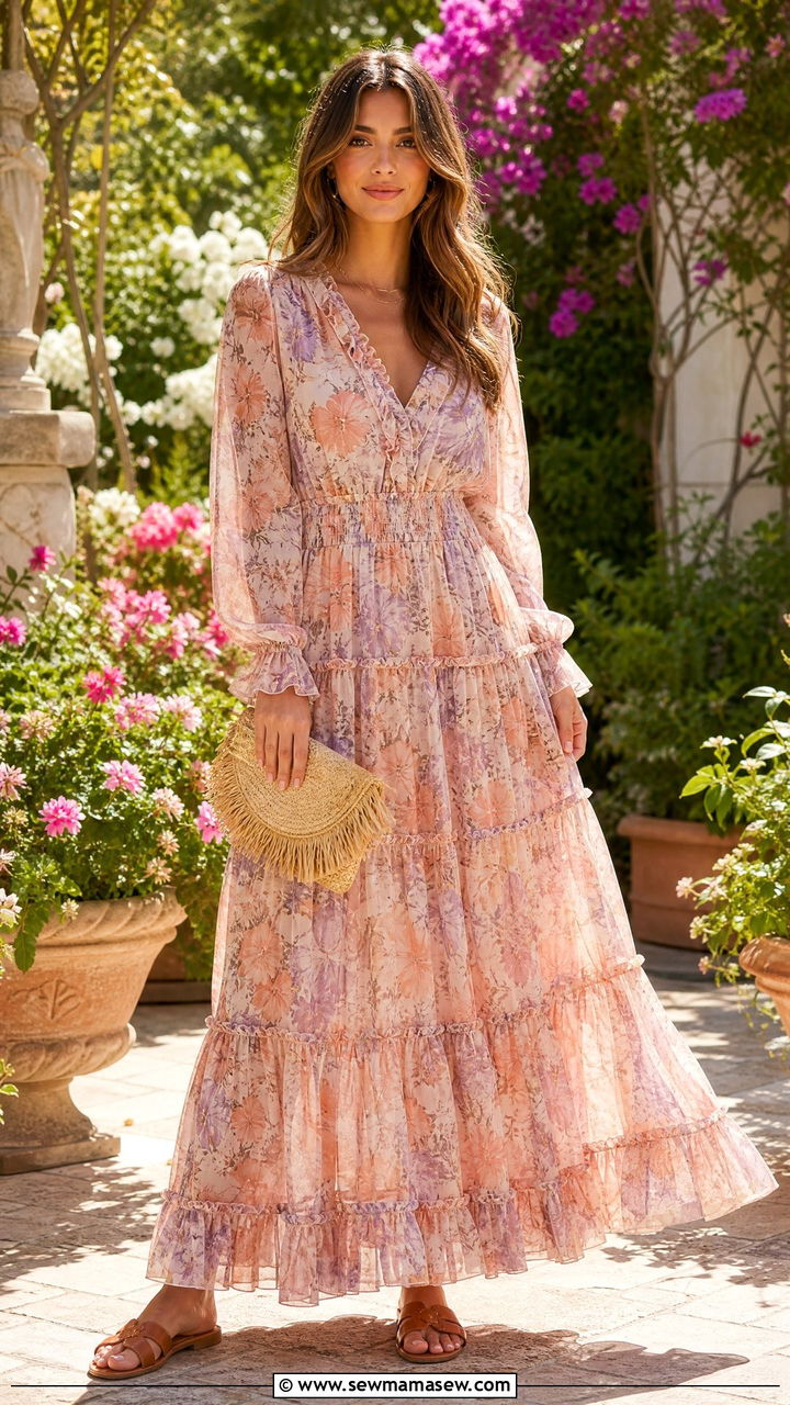 Ruffled Floral Maxi Dress with Flat Sandals - 25 modest bridal shower outfit ideas