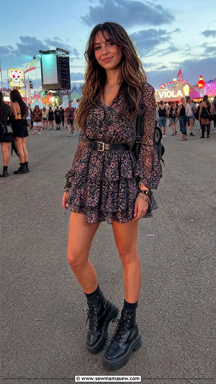 Ruffled Floral Mini Dress and Chunky Boots - 30 festival outfit ideas for women