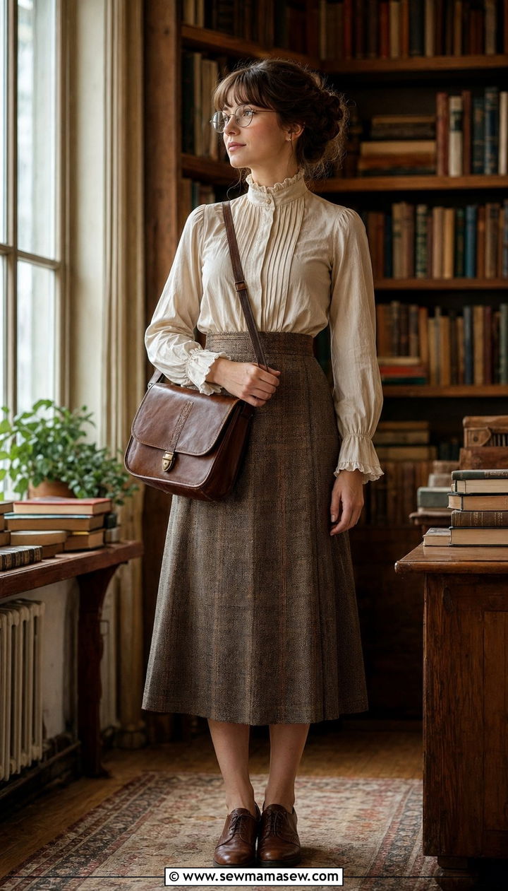 Ruffled High Neck Blouse With Midi Tweed Skirt And Oxford Shoes - 35 aesthetic outfits for women