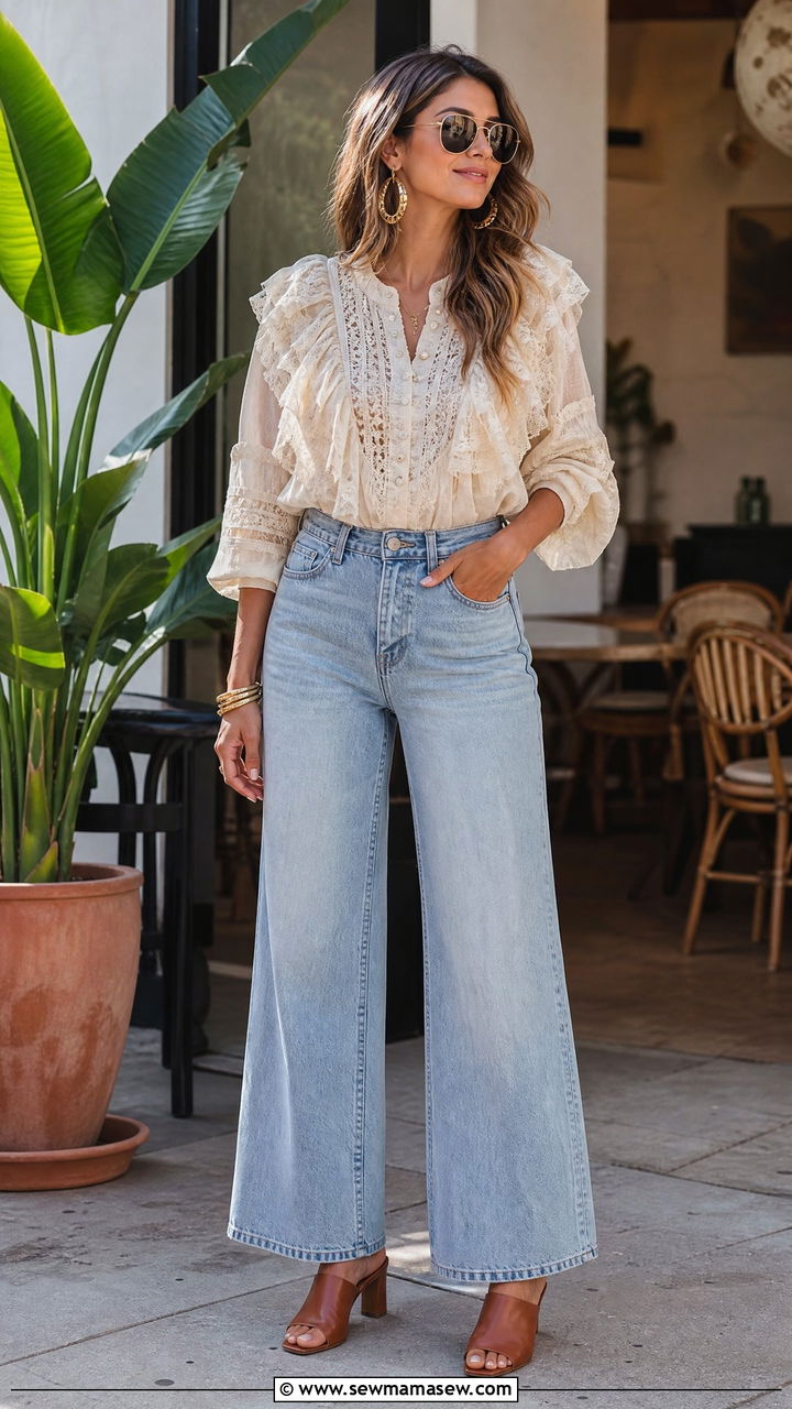 Ruffled Lace Blouse With Wide Leg Jeans - 35 Modern boho outfit ideas